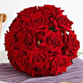 Floweroyal 15PCS Red Roses Artificial Flowers 4.33" Velvet Flowers with Long Stem Fake Roses for Valentine's Day, Wedding Bridal Bouquets, Floral Arrangement, Table Centerpieces, Home Decorations