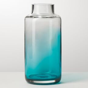Torre & Tagus Ombre Clear to Teal Glass Vase - 10" Tall Gradient Vase for Flowers or Hydroponic Glass Vase for Indoor Plants, Mouth Blown Clear Glass Flower Vases for Centerpiece Table Wedding Decor