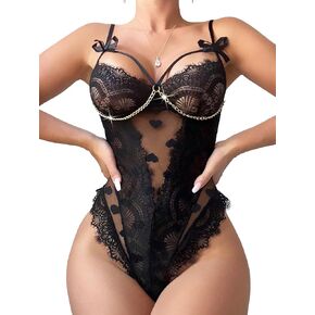 Women One Piece Lingerie Match Gold Chain Sleeveless Deep V Black Teddy Sexy Lace Bodysuit with Snap Crotch