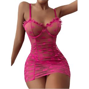 SOLY HUX Women's Sexy Heart Mesh See Through Lingerie Babydoll Sleepwear Sleeveless Ruffle Chemise Nightgown with Thong