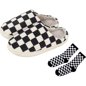 House Slippers for Women Men, Plush House Shoes Memory Foam Checkered Slippers Womens Outdoor Indoor Warm Plush Bedroom Shoes with Faux Fur Lining