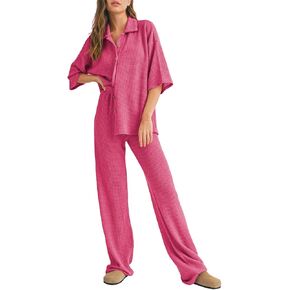 SHEWIN المرأة 2 قطعة وتتسابق عارضة الهراء متماسكة قصيرة الأكمام زر الصيف قمم مطابقة بنطال ذو قصة أرجل واسعة صالة مجموعات in Kuwait