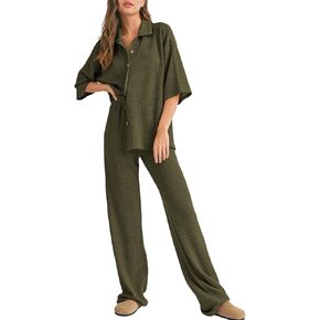 SHEWIN Women's 2 Piece Outfits Casual Waffle Knit Short Sleeve Button Summer Tops Matching Wide Leg Pants Lounge Sets