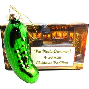 German Pickle Ornament Large Sized Gherkin Weihnachtsgurke Tradition Deluxe Boxed Set Christmas Decor Hand Made and Handpainted Blown Glass Decoration