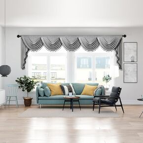ELKCA Grey Modern Curtain Valance for Living Room Faux Linen Curtain Valance for Living Room Solid Grey with Black Tassel Valance,Rod Pocket(138inch,1 Panel)