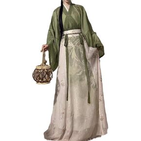 Women's Wide Sleeve Hanfu Dress Cross Neck Qiyao Poqun Chinese Folk Dance Costume