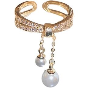 Trendy Layered Imitation Pearl Chain Tassel Open Ring For Women Golden Created CZ Adjustable Statement Wrap Finger Band Rings Eternity Fashion Wedding Engagement Jewelry Dainty Valentine's Day Gift