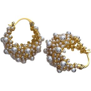 Kokoma Pearl Flower Hoop Earrings for Women Bohemian Statement Earrings Wedding Earrings Small Hoops Filligree Elegant Ear Jewelry