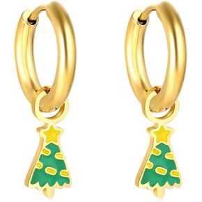 Dainty Christmas Tree Dangling Small Hoop Earrings Green Gold Plated Cute Star Dangle Drop Stainless Steel Hypoallergenic Huggie Hoops Earring Xmas Holiday Decoration Jewelry Gifts for Women Her Daughter
