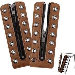 PH PandaHall 2pcs Leather Lace-In Boot Zipper Inserts 6.3x2.3 Inch 7 Metal Eyelets Cowhide Shoe Laces Zippers Tieless Shoe Laces for Adults No-Tie Shoelaces for Shoes Repair DIY, Camel