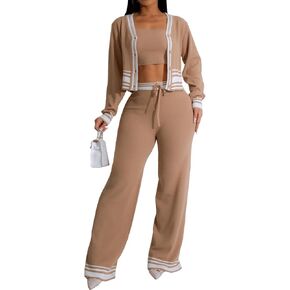 KANSOON Sweater Set for Women Two Piece Outfits Knit Stripes Cardigan with Tube Top and Pants Lounge Sets