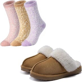 Litfun Women's Fuzzy Memory Foam Slippers(Size 8-8.5,Chestnut) Fuzzy Socks for Women (3 Pairs, Khaki/Pink/Purple, M)