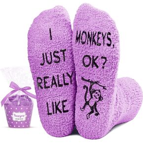 HAPPYPOP Funny Monkey Gifts for Monkey Lovers, Novelty Monkey Socks for Women Girls Crazy Silly Purple Fuzzy Socks, Christmas Stocking Stuffers