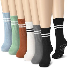6 Pairs Women Long Pilates Grip Socks with Non Slip Crew Grippy Socks for Sports Yoga Barre Ballet