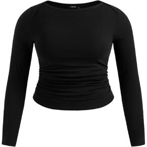 CIDER Women’s Plus Size Cotton-Blend Long Sleeve Shirts Boat Neck Ruched Casual Crop Top Slim Fit Basic Tee