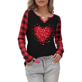 Valentine's Day Shirts for Women: Valentines Day Outfit Valentine Long Sleeves Love Heart V Neck Shirt Gifts Tops