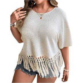 SweatyRocks Women's Plus Size Fringe Trim T Shirts Short Sleeve Crew Neck Tees Waffle Knit Summer Tops