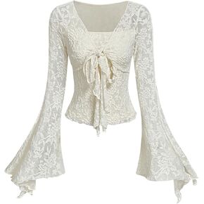GORGLITTER Women's Lace Bell Sleeve Top Tie Front V Neck Going Out Crop Tops