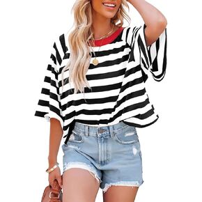 IWOLLENCE Women's Loose Casual Summer Striped Tops Crewneck 1/2 Short Sleeve Color Block Tee Oversized Cropped Shirts
