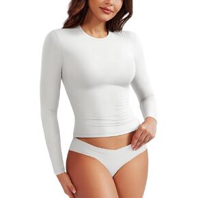 VOYJOY Women Slim Fit Long Sleeve T Shirts Crew Neck Double Lined Fitted Basic Crop Top Sexy Trendy Going Out Top