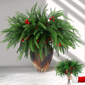 12Pcs Christmas Norfolk Pine Stems with Red Berries, Real Touch Artificial Norfolk Pine Branches for Vase,DIY Crafts Faux Greenery Stems for Indoor/Outdoor Christmas Decor.