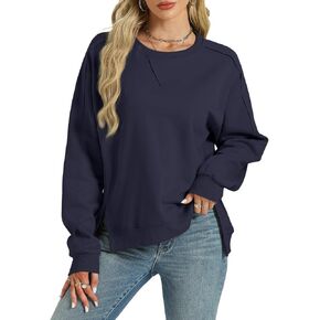 Tanou Women's Reverse Seam Sweatshirts Casual Crew Neck Long Sleeve Pullover Solid Slit 2024 Fall Tops
