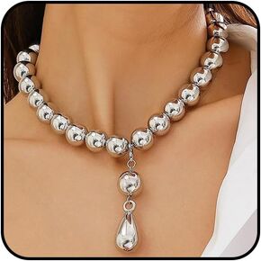 Chunky Gold Beaded Choker Necklace for Women Big Silver Teardrop Ball Pendant Necklace Adjustable Water Drop Beads Necklace Jewelry Gifts