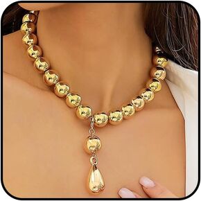 Chunky Gold Beaded Choker Necklace for Women Big Silver Teardrop Ball Pendant Necklace Adjustable Water Drop Beads Necklace Jewelry Gifts in Kuwait