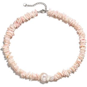 Flyonce Pink Puka Shell Necklace Handmade Hawaiian Natural Seashell Barouque Freshwater Cultured Pearl Choker Necklaces Summer Holiday Beach Jewelry for Surfer Clavicle