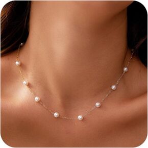 Pearl Necklaces for Women Trendy 14k Gold Plated Necklace for Women Non Tarnish Dainty Pearl Choker Necklaces for Women Cute Pearls Pendant Necklace for Wedding Bridesmaid Beach Jewelry