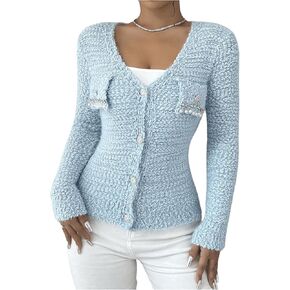 MakeMeChic Women's Pearls V Neck Button Down Sweater Long Sleeve Cardigan