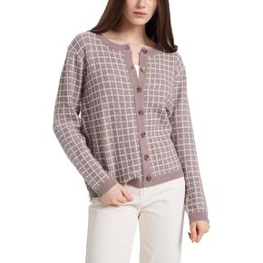Women's Long Sleeve Crew Neck Plaid Cardigan Sweaters Open Front Button Down Classic Knit Soft Coat Tops