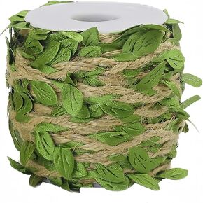 Burlap Leaf Ribbon, Ariskey 164Feet/50Meters Natural Jute Twine with Green Leaves for Wedding Packing and Garden Decoration Twine