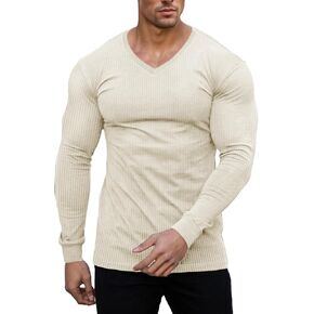 Muscle Cmdr Slim Fit V Neck Long Sleeve Muscle Thermal T Shirt Casual Ribbed Pullover Tee Lightweight Sweater Undershirts