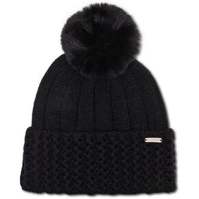 STEVE MADDEN Women's Pointelle Knit Cuff Beanie with POM, Black
