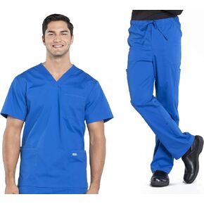 مجموعة ملابس العمل للرجال المحترفين WW695 بلوزة برقبة على شكل حرف V وWW190S مدببة الساق وبنطلون أمامي، رويال- XL توب/XL قصير بانت in Kuwait
