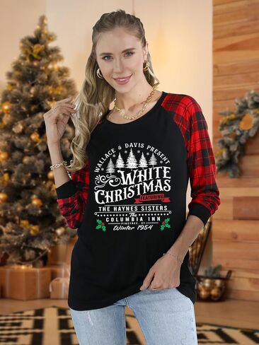 Merry Christmas Shirts for Women Christmas Long Sleeve Plaid Xmas Trees Graphic Shirt Christmas Blouse Tee Tops in Saudi Arabia
