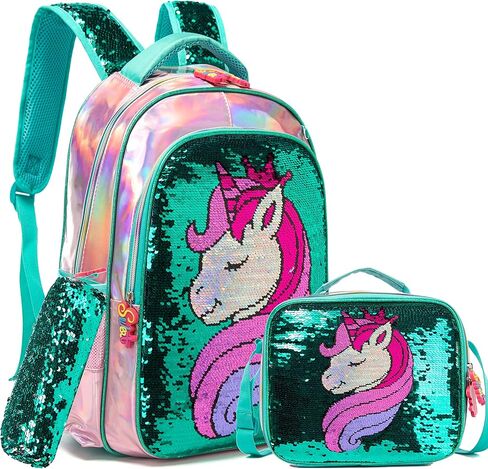 Girls Unicorn Reversible Sequin Backpack Set Magic Glitter Lightweight School Bookbag for Girls Kids Bling Backpack in Kuwait
