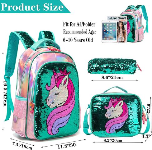 Girls Unicorn Reversible Sequin Backpack Set Magic Glitter Lightweight School Bookbag for Girls Kids Bling Backpack in Kuwait