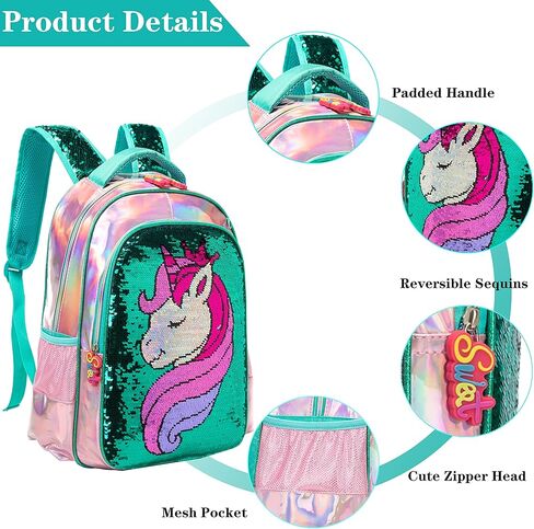 Girls Unicorn Reversible Sequin Backpack Set Magic Glitter Lightweight School Bookbag for Girls Kids Bling Backpack in Kuwait