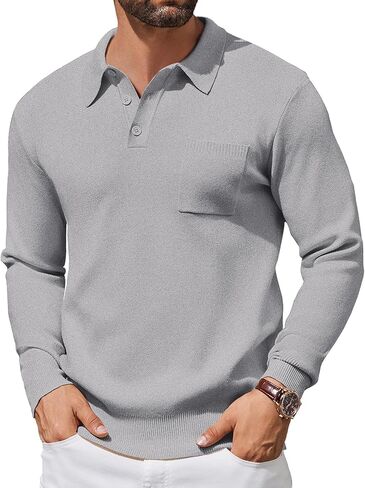 COOFANDY Mens Long Sleeve Polo Sweater Knit Polo Casual Thermal Pullover Sweater with Pocket in Kuwait