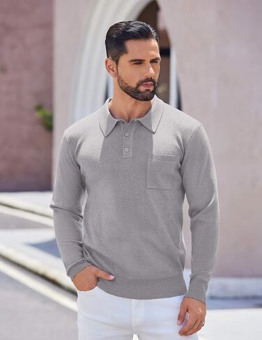 COOFANDY Mens Long Sleeve Polo Sweater Knit Polo Casual Thermal Pullover Sweater with Pocket in Kuwait