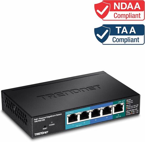 TRENDnet 5-Port Gigabit PoE++، محول مُدار يعمل بالطاقة مع ممر PoE، TPE-B541، 1 × مدخل Gigabit PoE++، 4 × مخرج Gigabit PoE+، ميزانية PoE 60 وات، متوافق مع NDAA TAA، حماية مدى الحياة in Kuwait