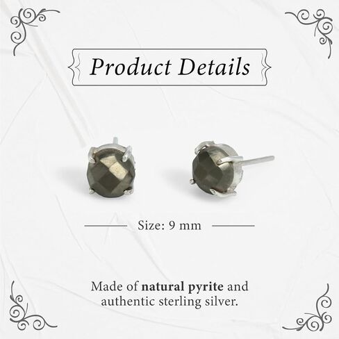 Sterling Silver Stud Earrings with Energetic Natural Stone, Hand-carved, Round Cut, 9mm, Gift for Women on Mother's Day, Birthday, or Wedding Celebration in Kuwait