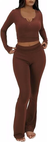 FAIRY SEASON Womens 2 Piece Lounge Sets Slim Fit V Neck Long Sleeve Top Fold Over Yoga Flare Pants Pajamas Loungewear Outfits in Kuwait