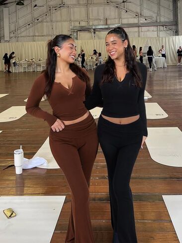 FAIRY SEASON Womens 2 Piece Lounge Sets Slim Fit V Neck Long Sleeve Top Fold Over Yoga Flare Pants Pajamas Loungewear Outfits in Kuwait