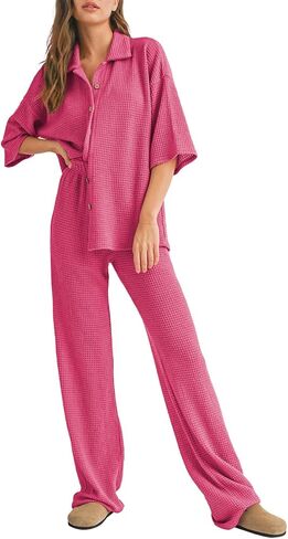 SHEWIN المرأة 2 قطعة وتتسابق عارضة الهراء متماسكة قصيرة الأكمام زر الصيف قمم مطابقة بنطال ذو قصة أرجل واسعة صالة مجموعات in Kuwait