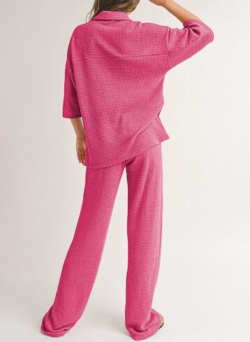 SHEWIN المرأة 2 قطعة وتتسابق عارضة الهراء متماسكة قصيرة الأكمام زر الصيف قمم مطابقة بنطال ذو قصة أرجل واسعة صالة مجموعات in Kuwait