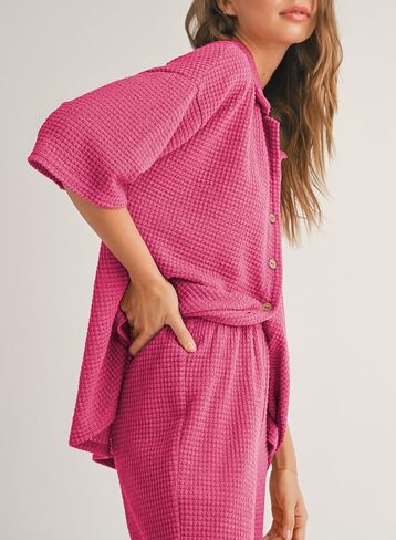 SHEWIN المرأة 2 قطعة وتتسابق عارضة الهراء متماسكة قصيرة الأكمام زر الصيف قمم مطابقة بنطال ذو قصة أرجل واسعة صالة مجموعات in Kuwait