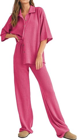 SHEWIN المرأة 2 قطعة وتتسابق عارضة الهراء متماسكة قصيرة الأكمام زر الصيف قمم مطابقة بنطال ذو قصة أرجل واسعة صالة مجموعات in Kuwait